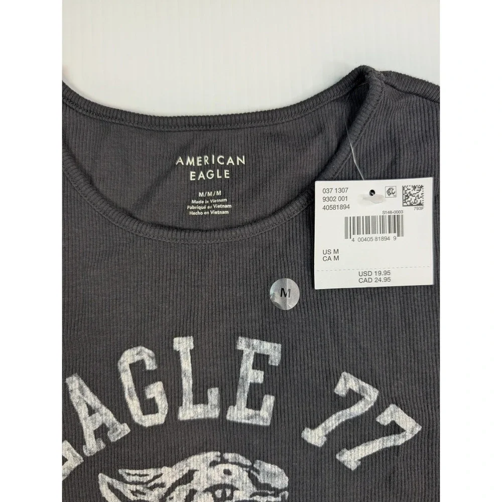 American Eagle Grey Ribbed Graphic Baby Tee Eagle 77 Tiger Short‎ Sleeve Medium